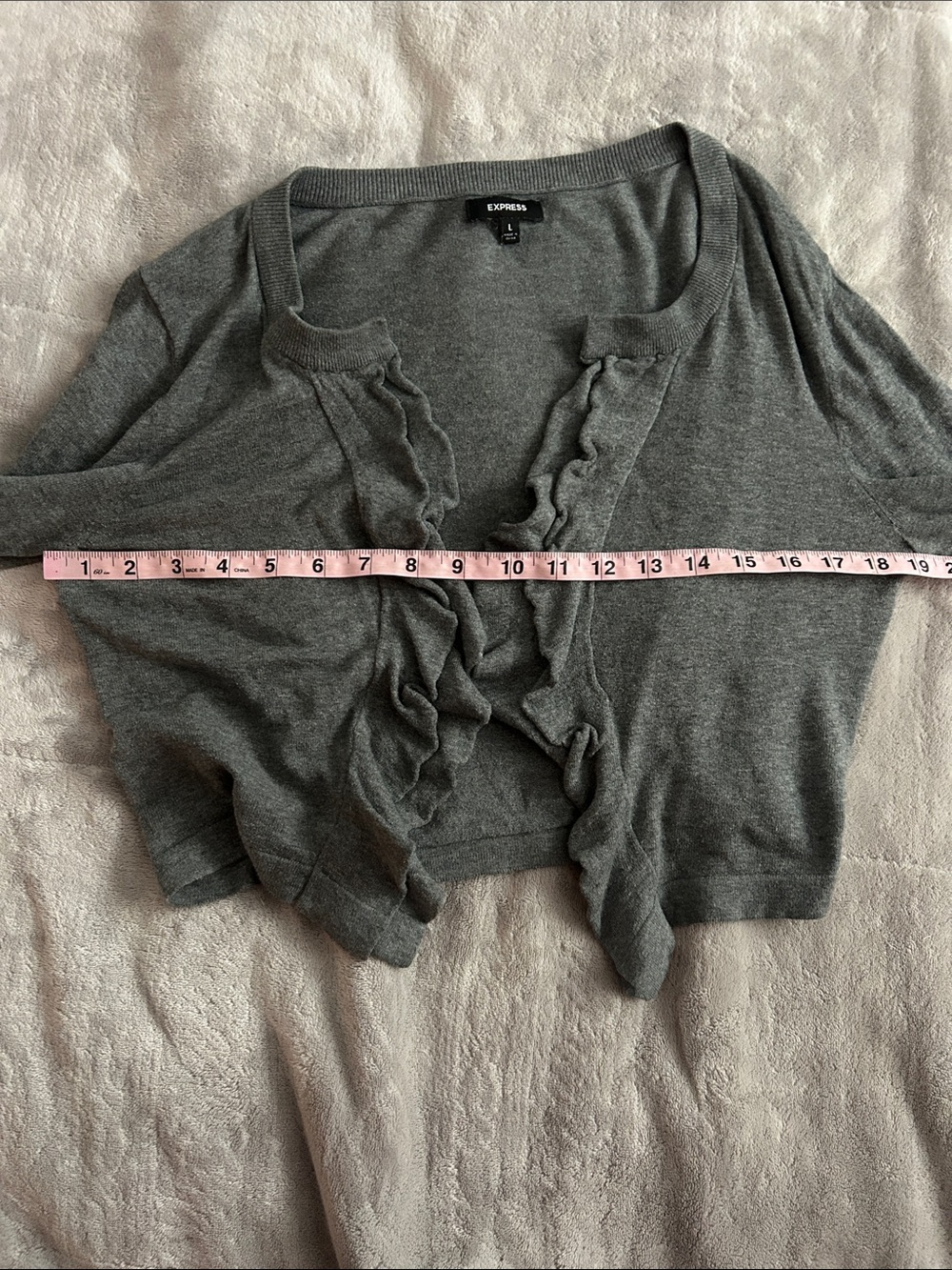 Express Gray Ruffle-Front Cardigan Sweater - Picture 7 of 9